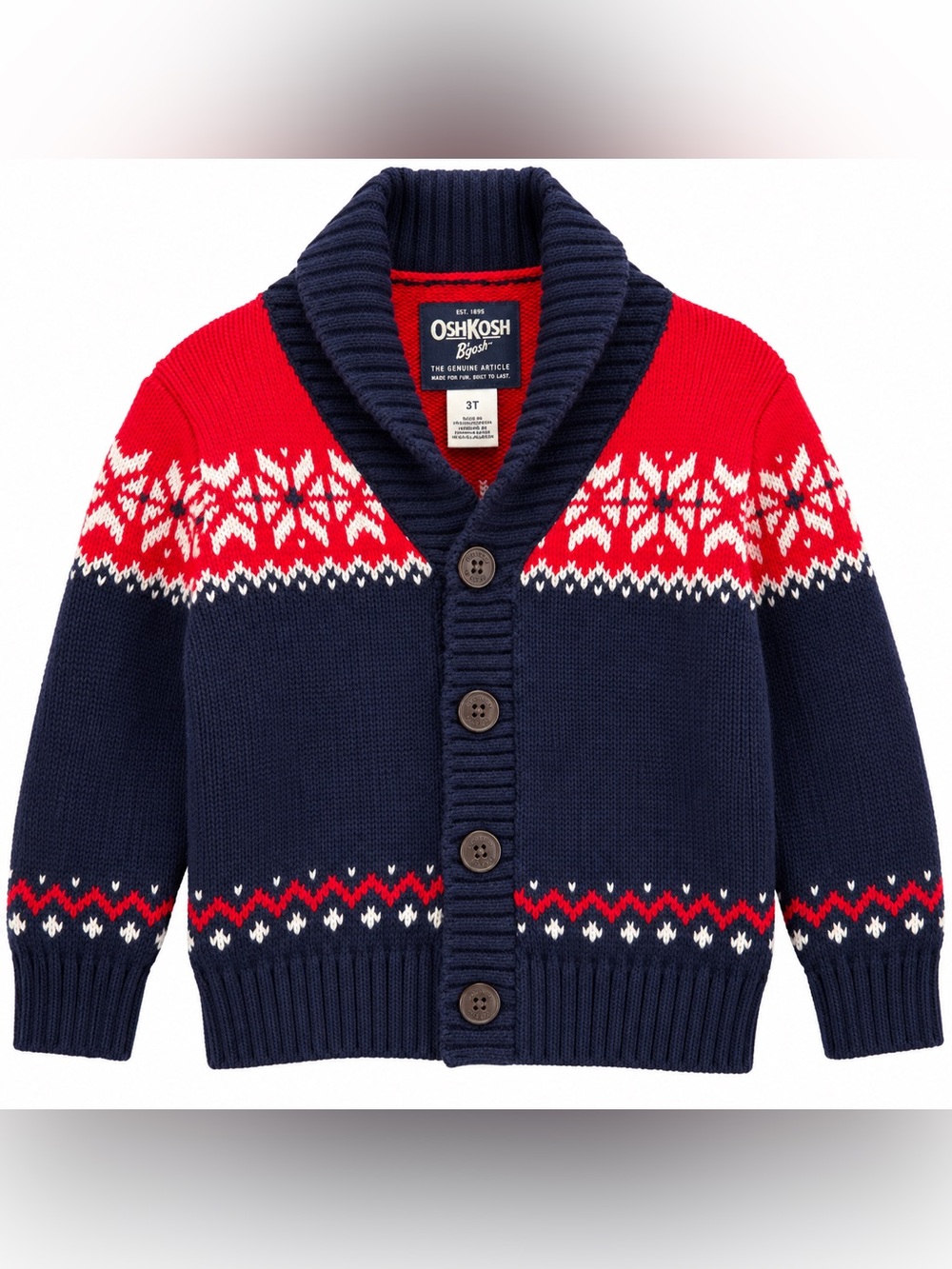 OshKosh B'gosh Boys 3T Fair Isle Shawl Collar Cardigan Sweater Navy Red